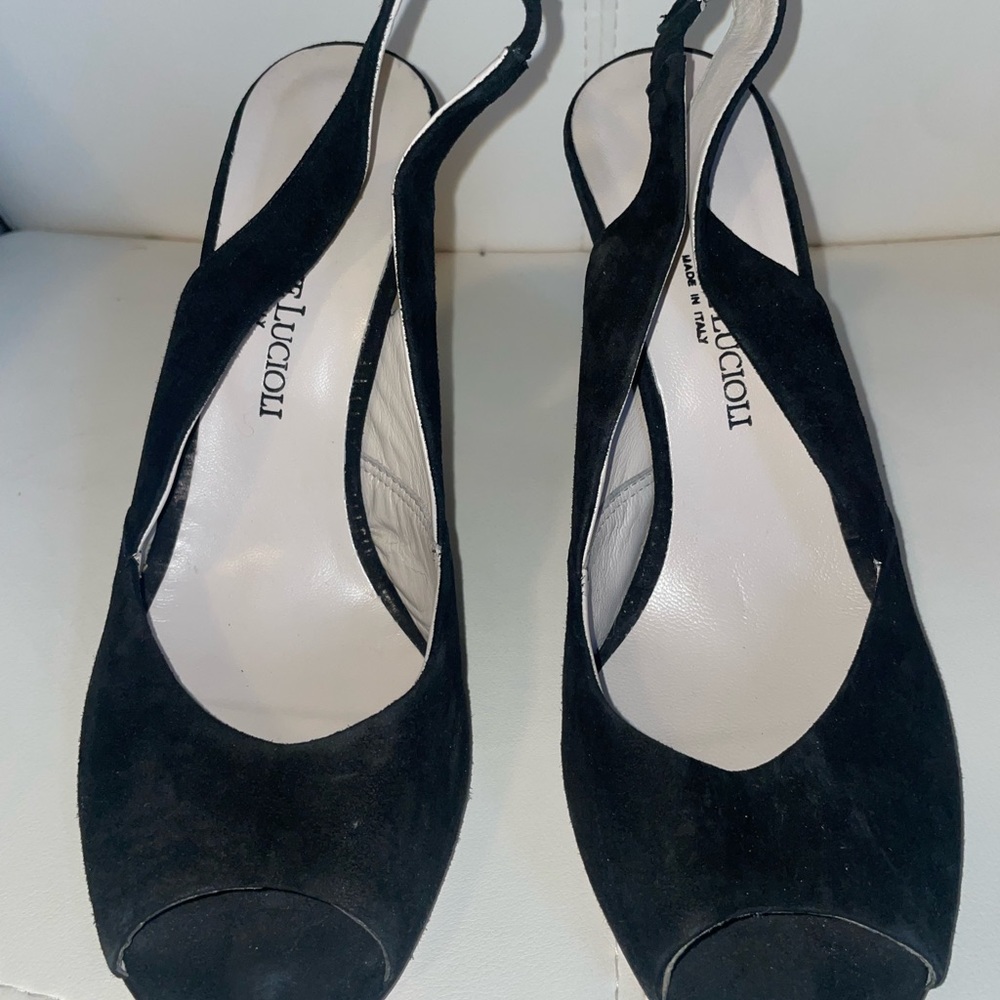 Made in Italy never worn black suede peep heels